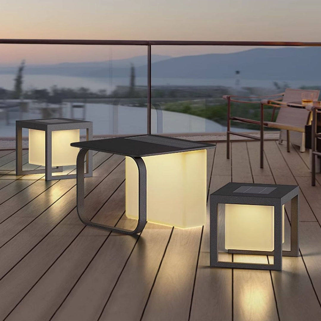 1. "HARTWELL SOLAR TABLE LAMP WITH INTEGRATED SIDE TABLE"  
   - Features a solar-powered lamp with a sleek side table, perfect for outdoor lounging.

2. "WINTHORPE SOLAR-CHARGED LAMP AND ACCENT TABLE"  
   - Combines a solar-powered light source with a s