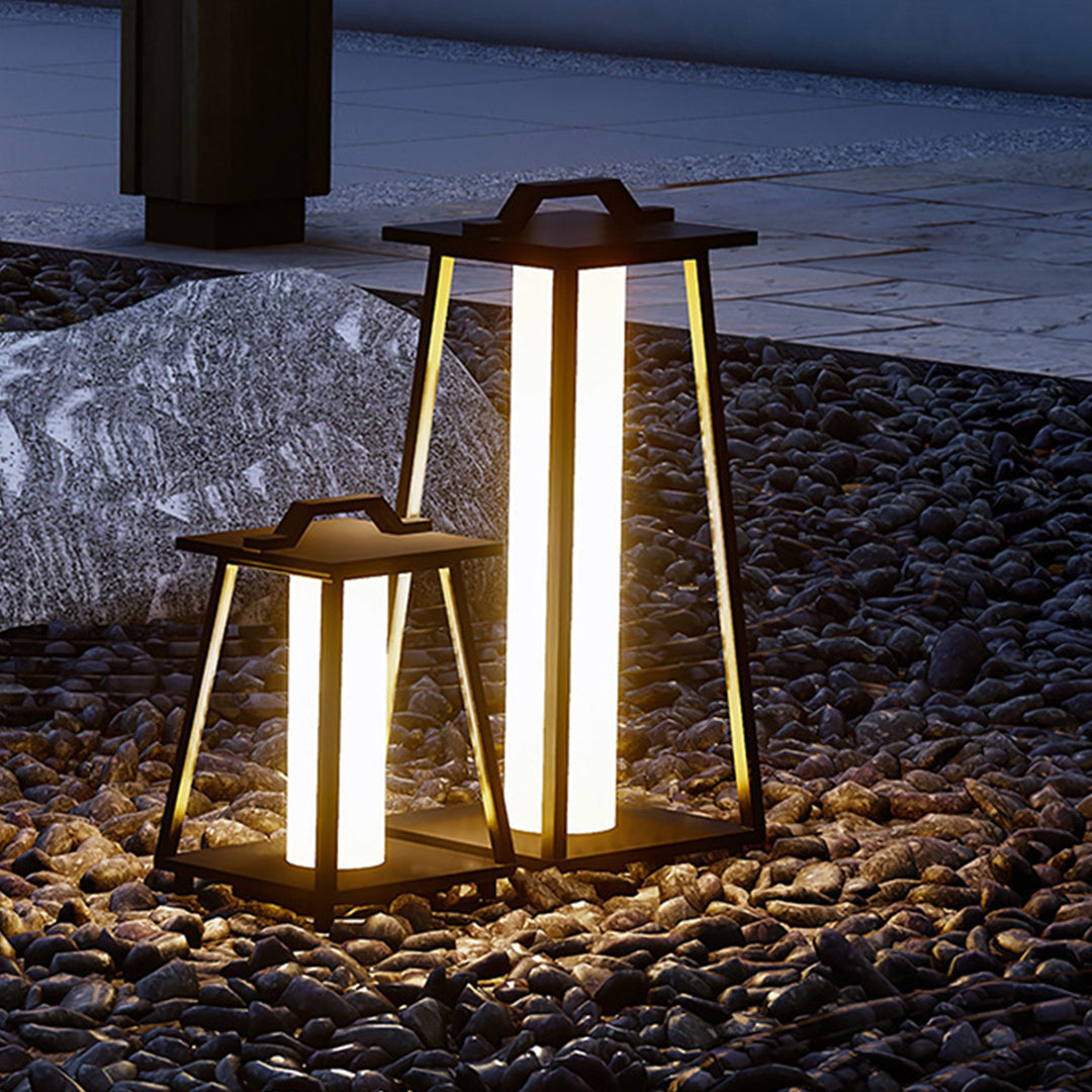 RAVENSCROFT WEATHERPROOF TAPERED IRON GARDEN LANTERNS WITH JAPANESE INSPIRATION AND LED ILLUMINATION