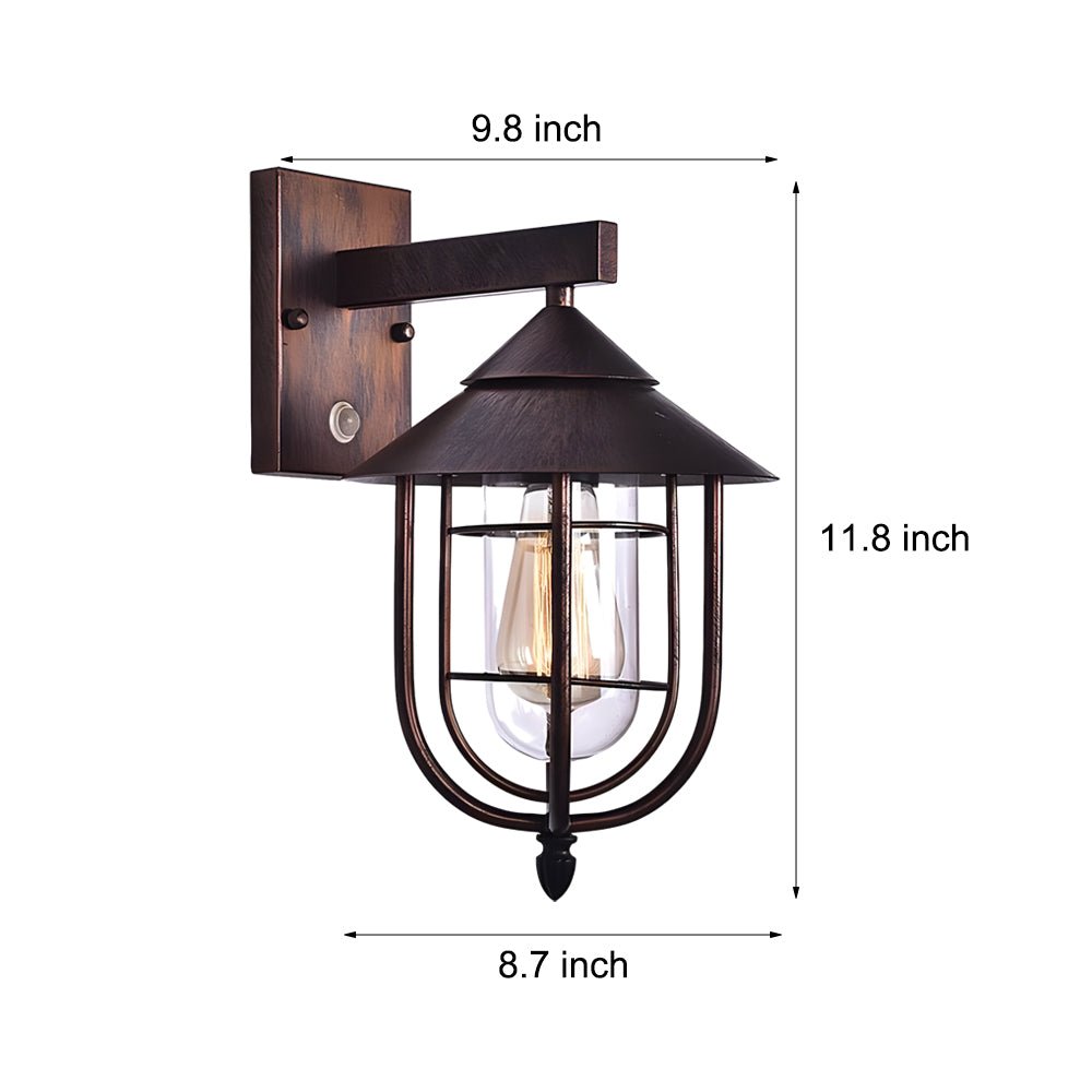 WINTERBOURNE RUSTIC IRON AND GLASS MOTION-ACTIVATED OUTDOOR WALL LANTERN