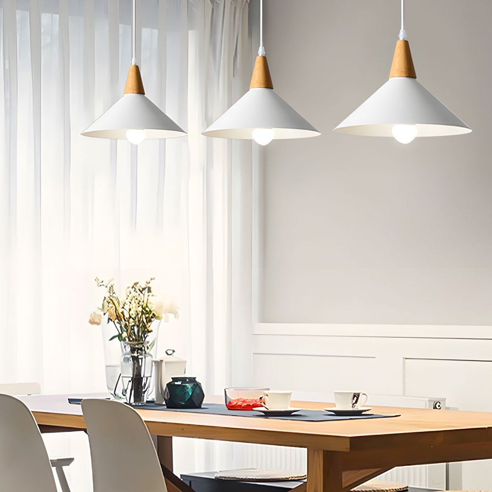 ALDERSON WHITE METAL CONE HANGING LAMP WITH TIMBER ACCENT