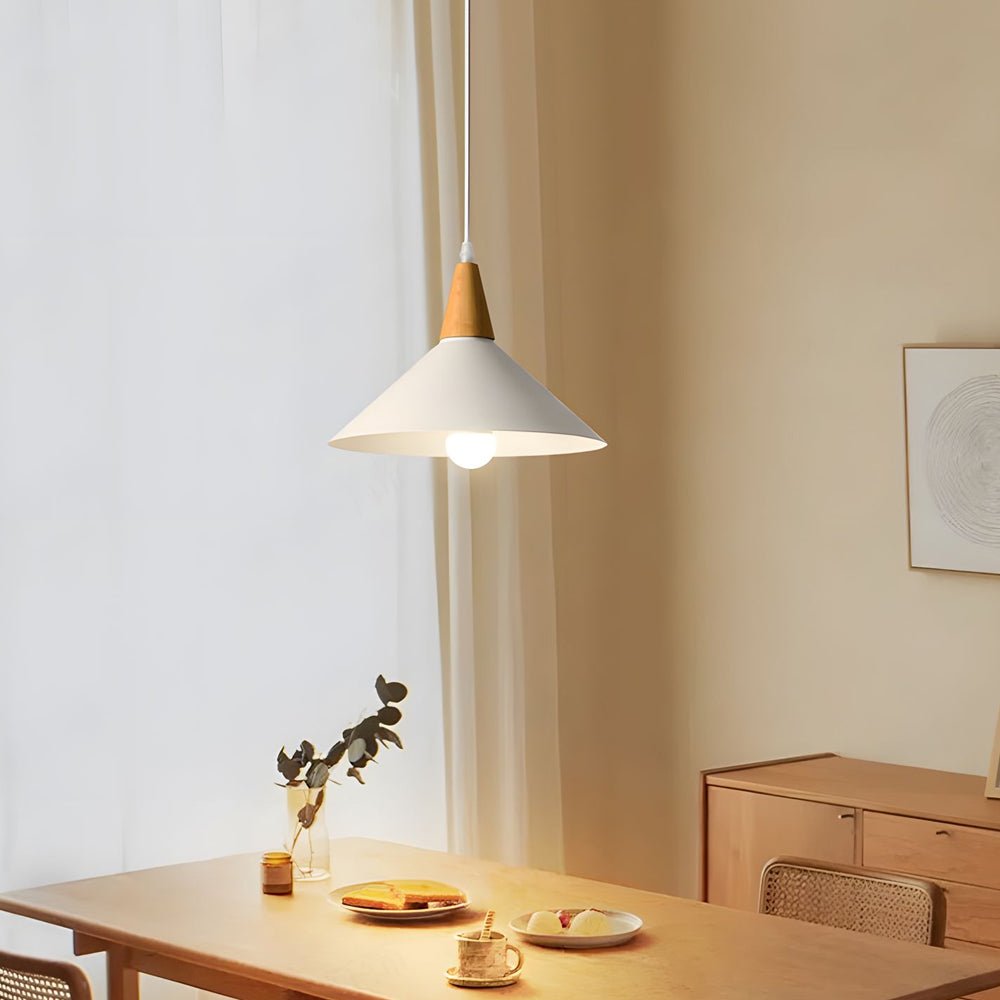 ALDERSON WHITE METAL CONE HANGING LAMP WITH TIMBER ACCENT