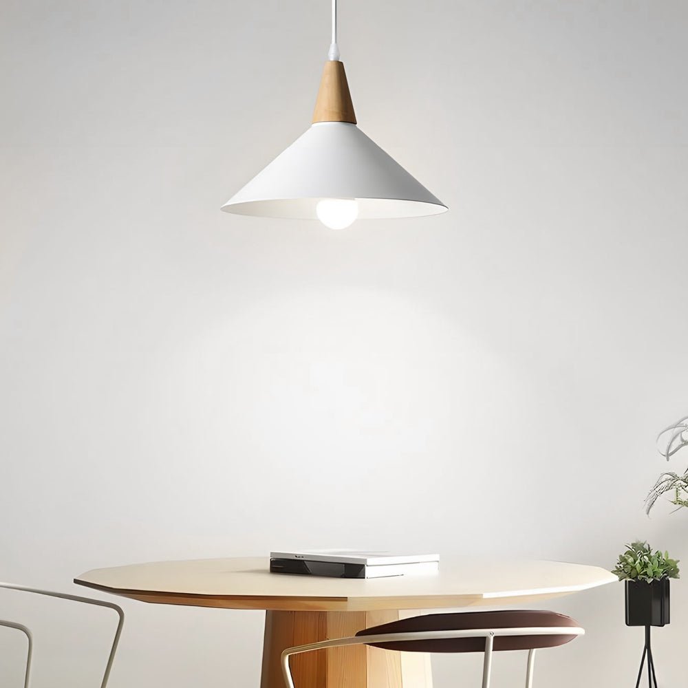 ALDERSON WHITE METAL CONE HANGING LAMP WITH TIMBER ACCENT