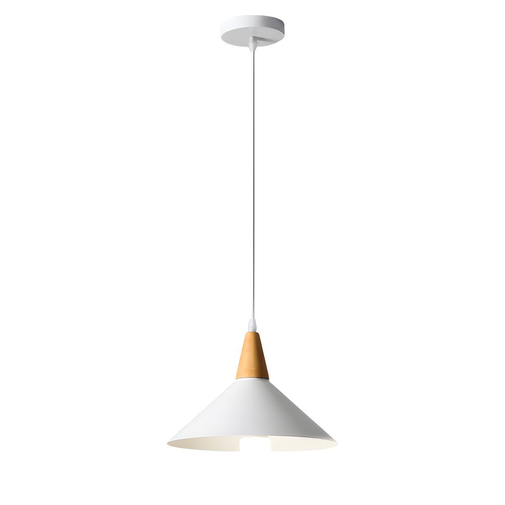 ALDERSON WHITE METAL CONE HANGING LAMP WITH TIMBER ACCENT