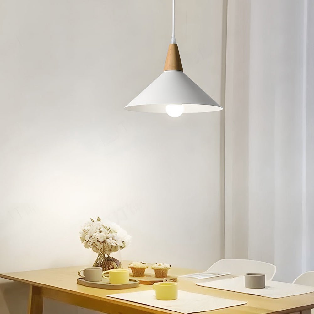 ALDERSON WHITE METAL CONE HANGING LAMP WITH TIMBER ACCENT