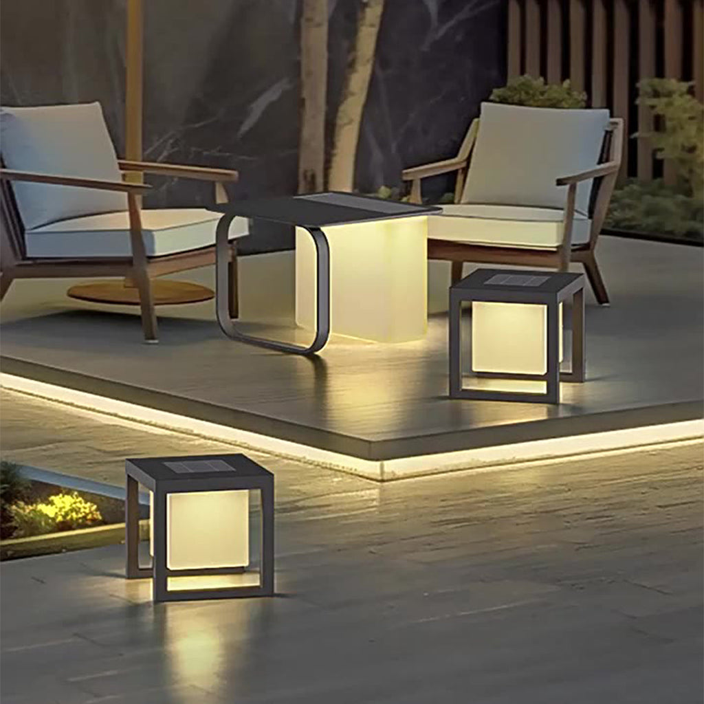 1. "HARTWELL SOLAR TABLE LAMP WITH INTEGRATED SIDE TABLE"  
   - Features a solar-powered lamp with a sleek side table, perfect for outdoor lounging.

2. "WINTHORPE SOLAR-CHARGED LAMP AND ACCENT TABLE"  
   - Combines a solar-powered light source with a s